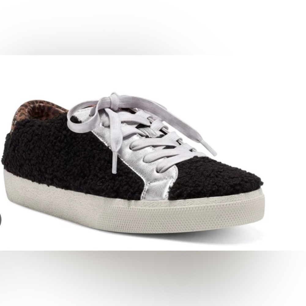 Vince Camuto Milzy faux shearling silver trim, studded animal print sneaker